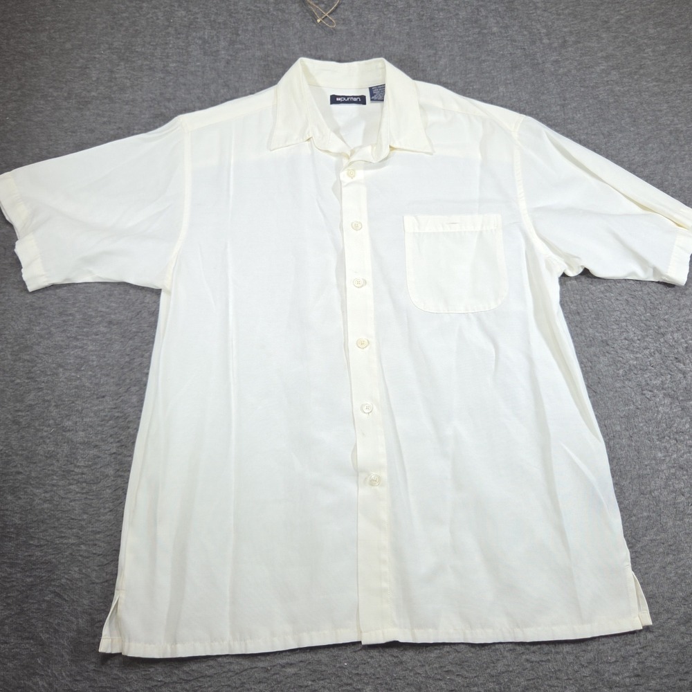 Vintage Puritan Button Up Shirt Mens Large White Rayon Blend Short Sleeve 80s